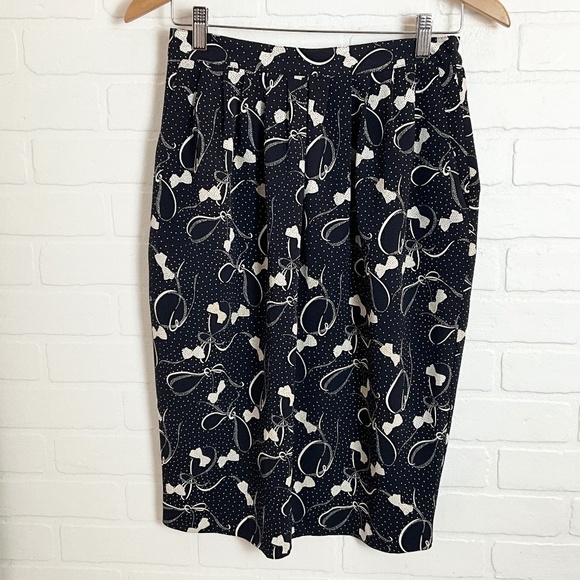 Vintage Midi Skirt Bows Print Navy/Cream Polka dot pockets Pleated Coquette 9/10 - Picture 1 of 9